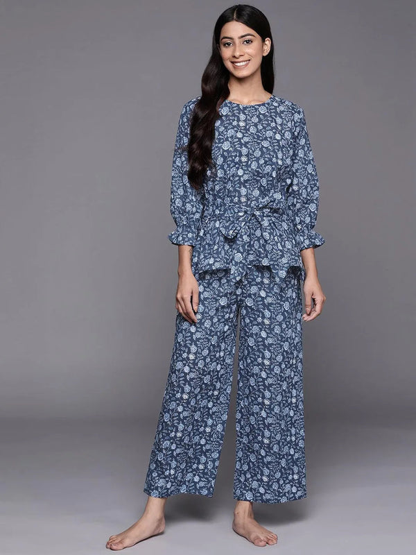 Blue Printed Cotton Night Suit - Jashvi