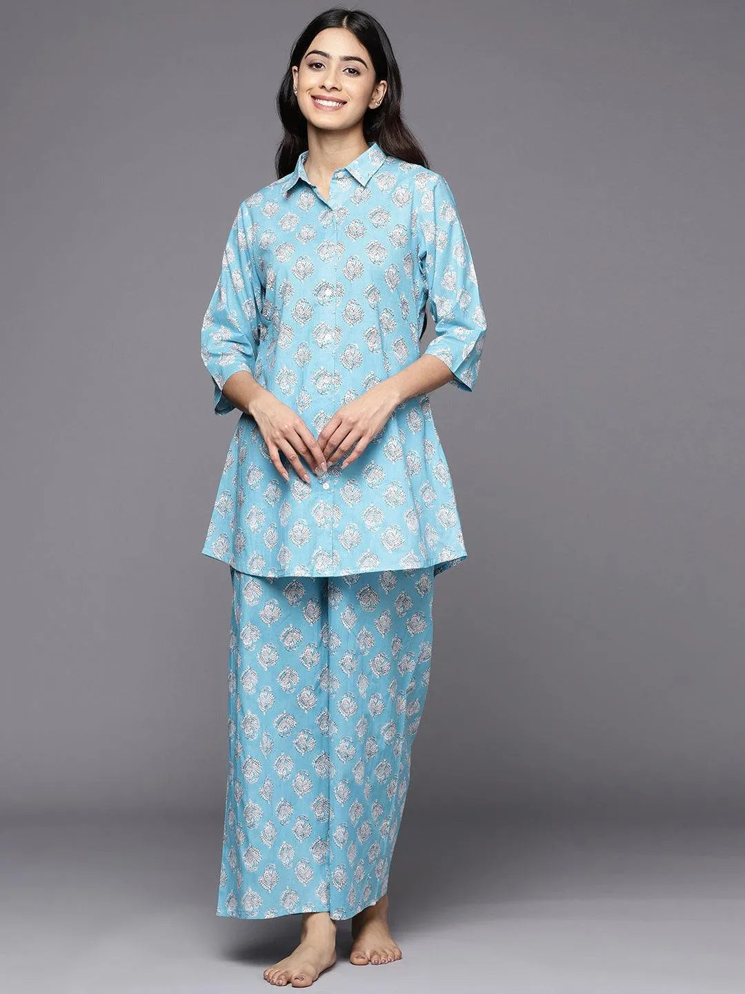 Blue Printed Cotton Night Suit - Jashvi