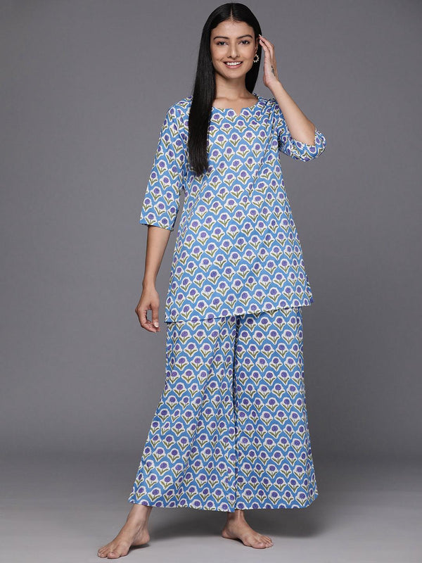 Blue Printed Cotton Night Suit - Jashvi