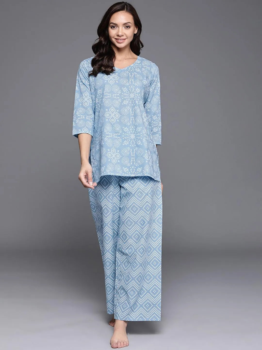 Blue Printed Cotton Night Suit - Jashvi