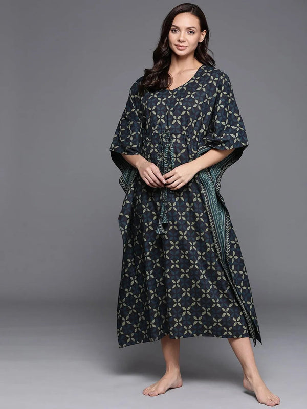 Blue Printed Cotton Nightdress - Jashvi