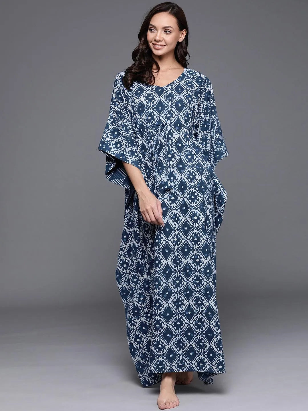 Blue Printed Cotton Nightdress - Jashvi