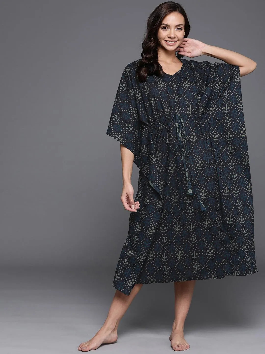 Blue Printed Cotton Nightdress - Jashvi