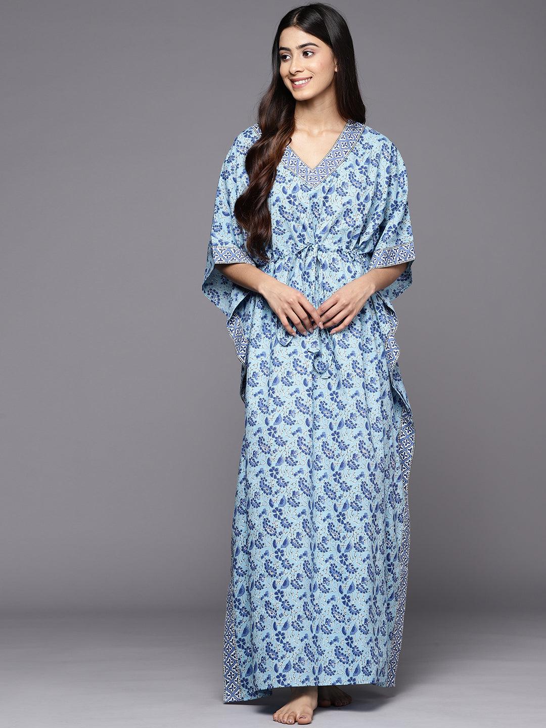 Blue Printed Cotton Nightdress - Jashvi