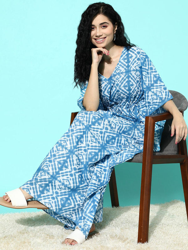 Blue Printed Cotton Nightdress - Jashvi