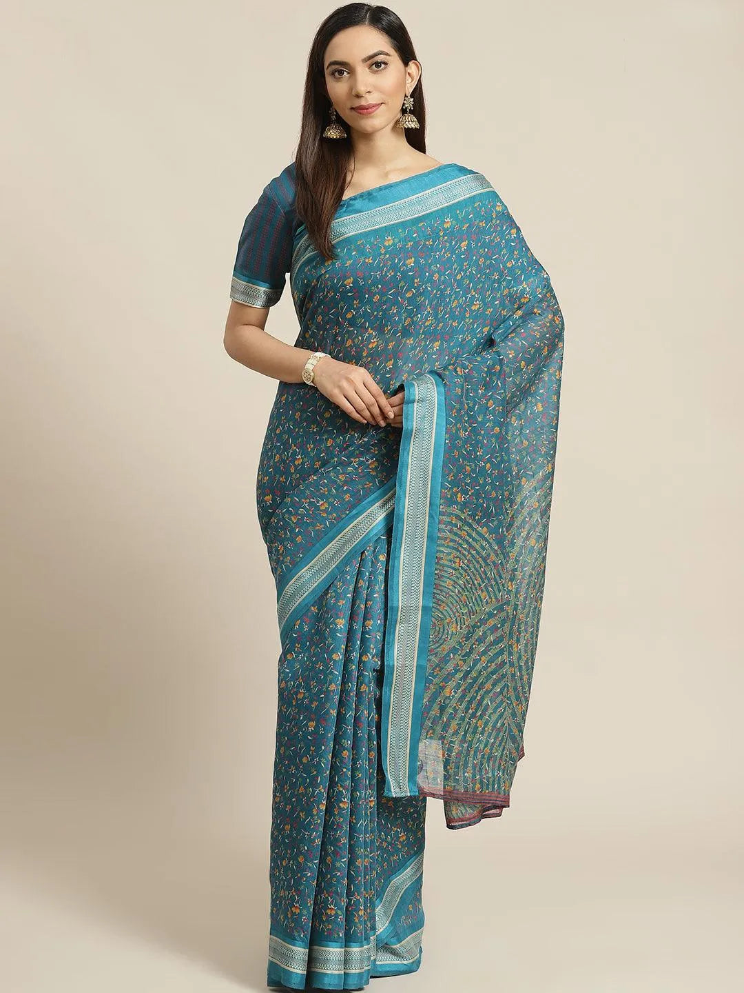 Blue Printed Cotton Saree - Jashvi