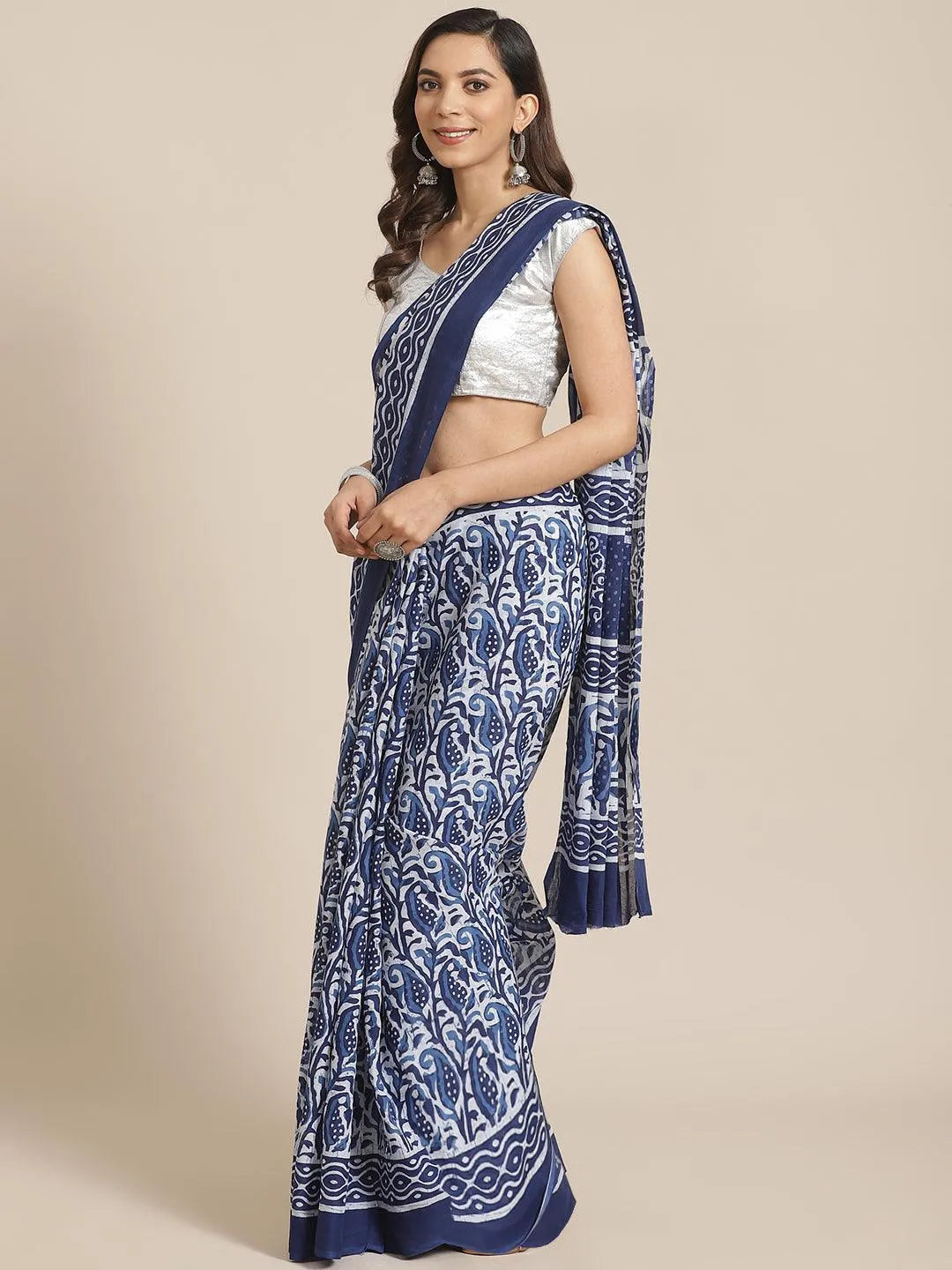 Blue Printed Cotton Saree - Jashvi