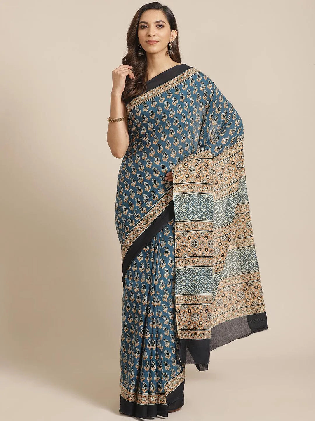 Blue Printed Cotton Saree - Jashvi