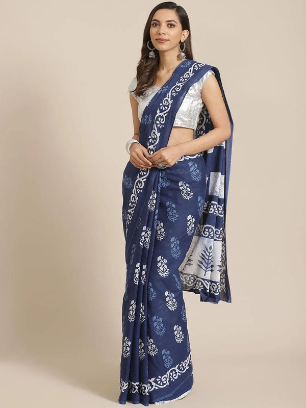 Blue Printed Cotton Saree - Jashvi