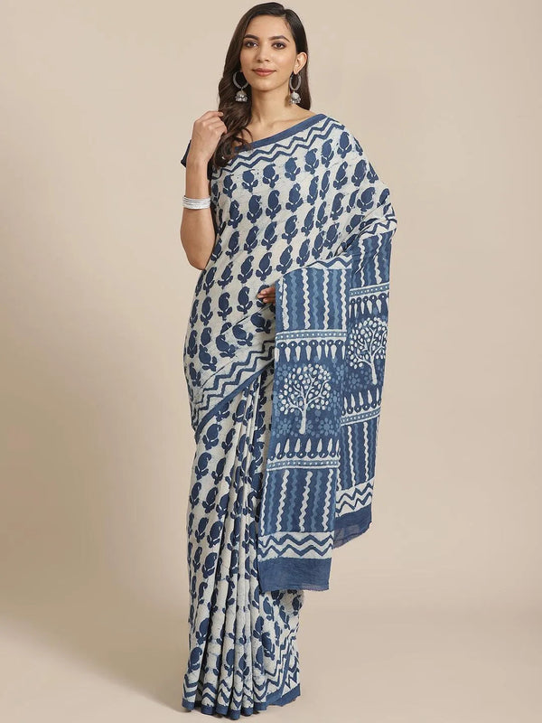 Blue Printed Cotton Saree - Jashvi