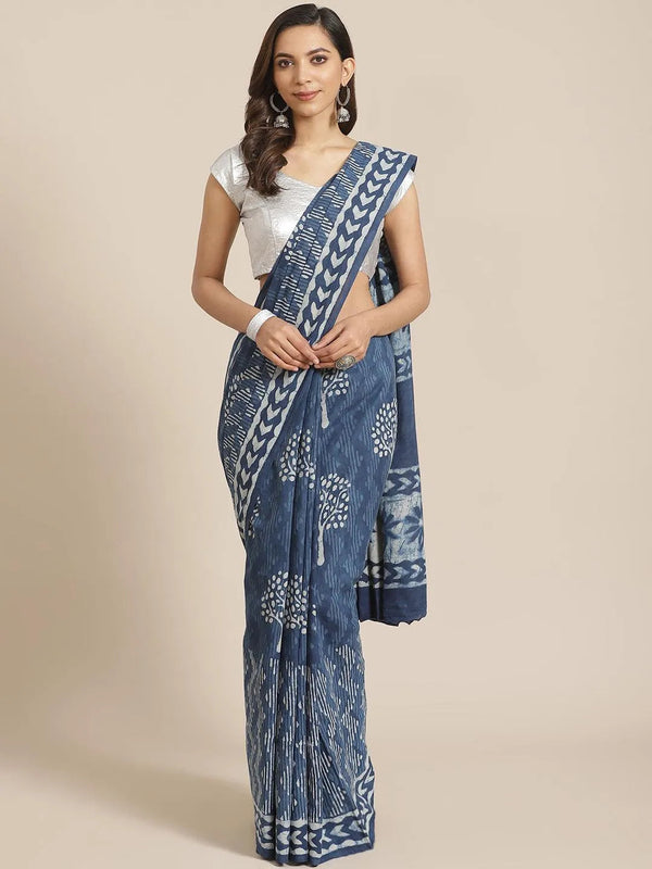 Blue Printed Cotton Saree - Jashvi