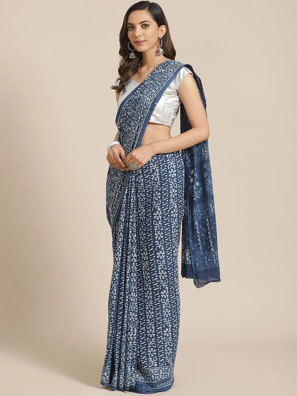 Blue Printed Cotton Saree - Jashvi