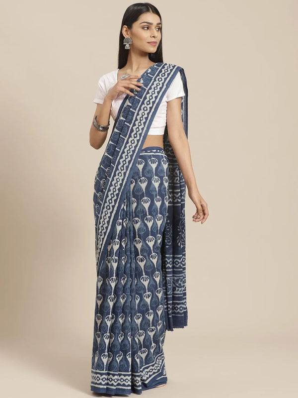 Blue Printed Cotton Saree - Jashvi