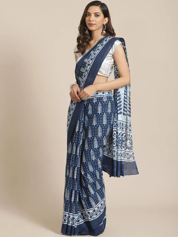 Blue Printed Cotton Saree - Jashvi