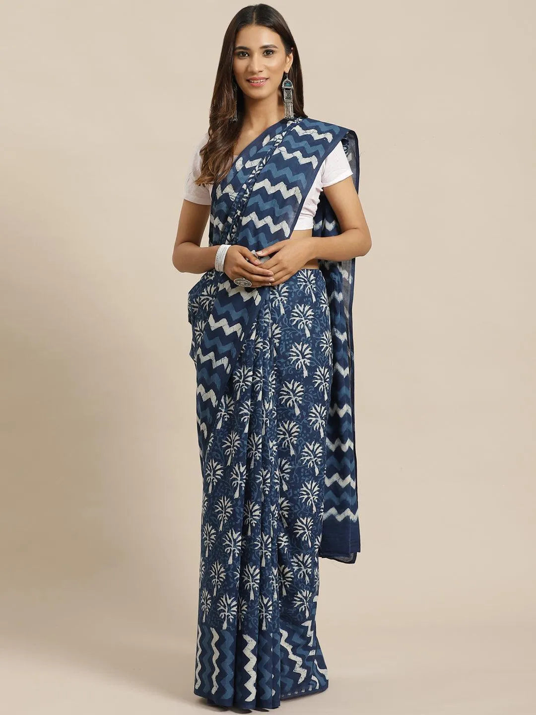 Blue Printed Cotton Saree - Jashvi