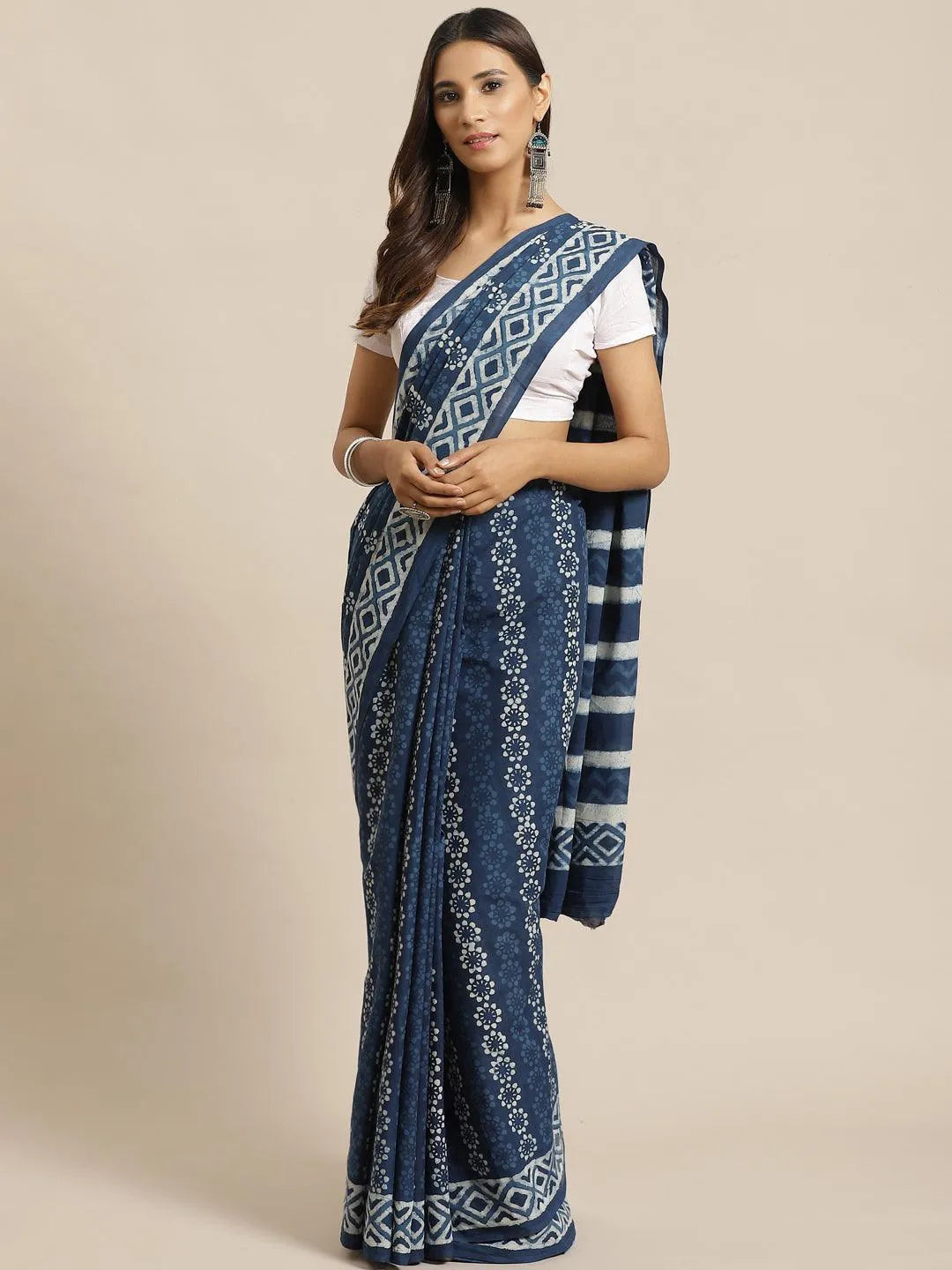 Blue Printed Cotton Saree - Jashvi