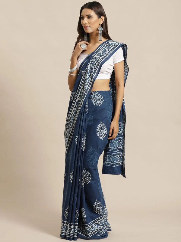 Blue Printed Cotton Saree - Jashvi