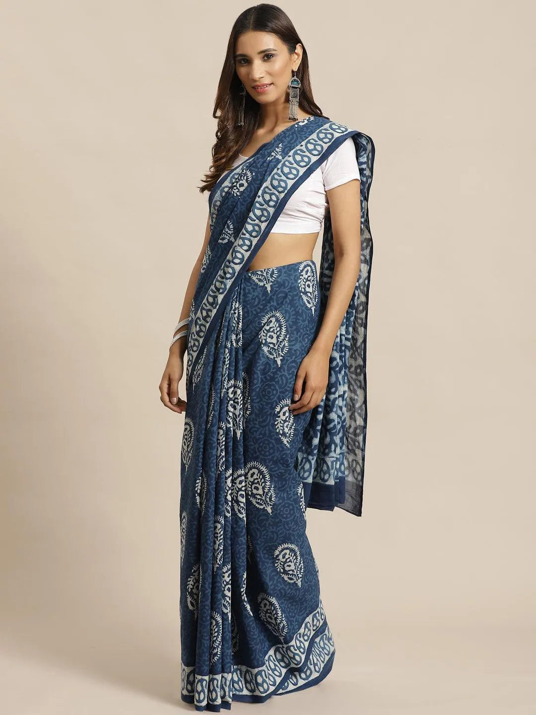 Blue Printed Cotton Saree - Jashvi