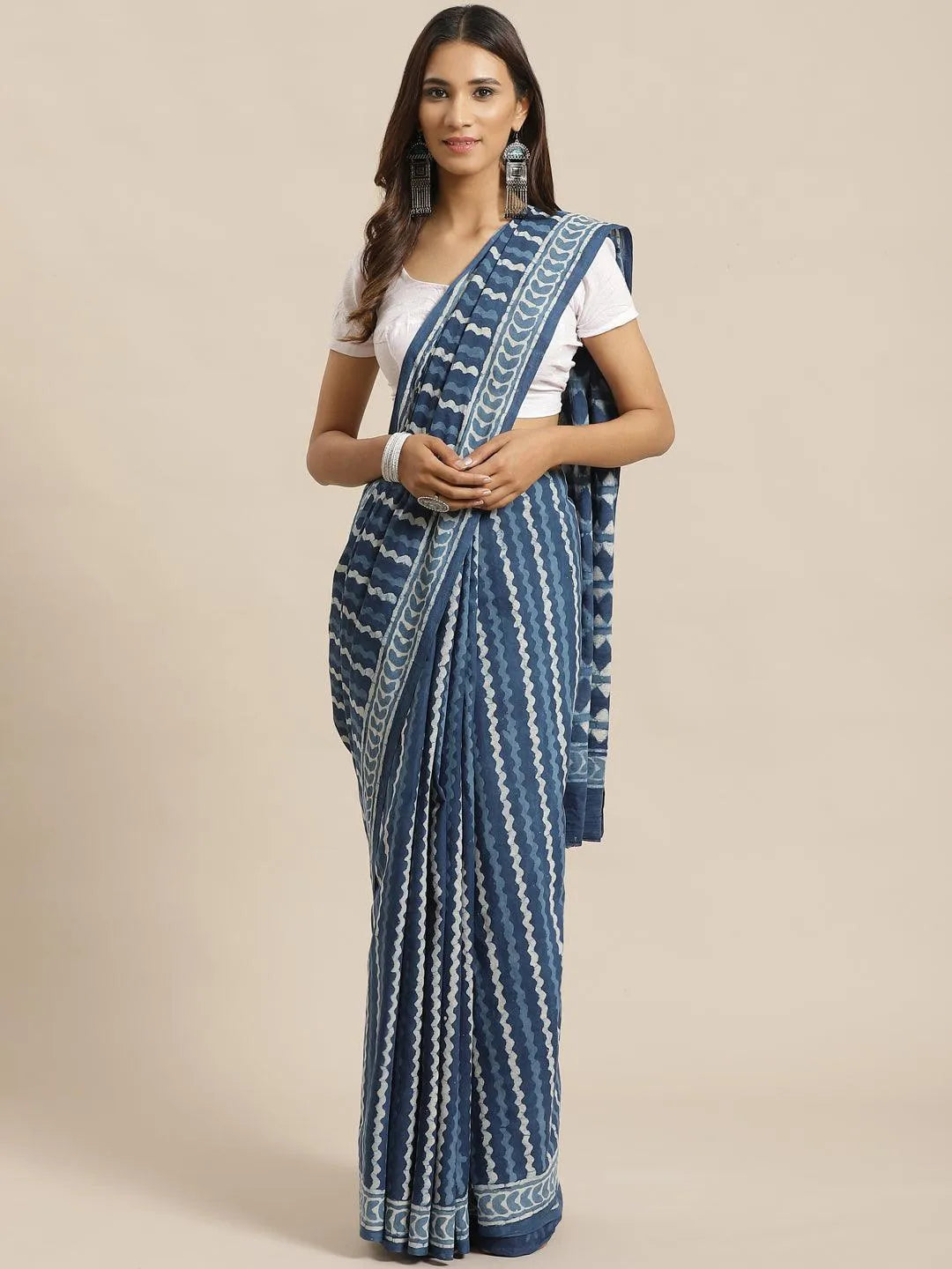 Blue Printed Cotton Saree - Jashvi