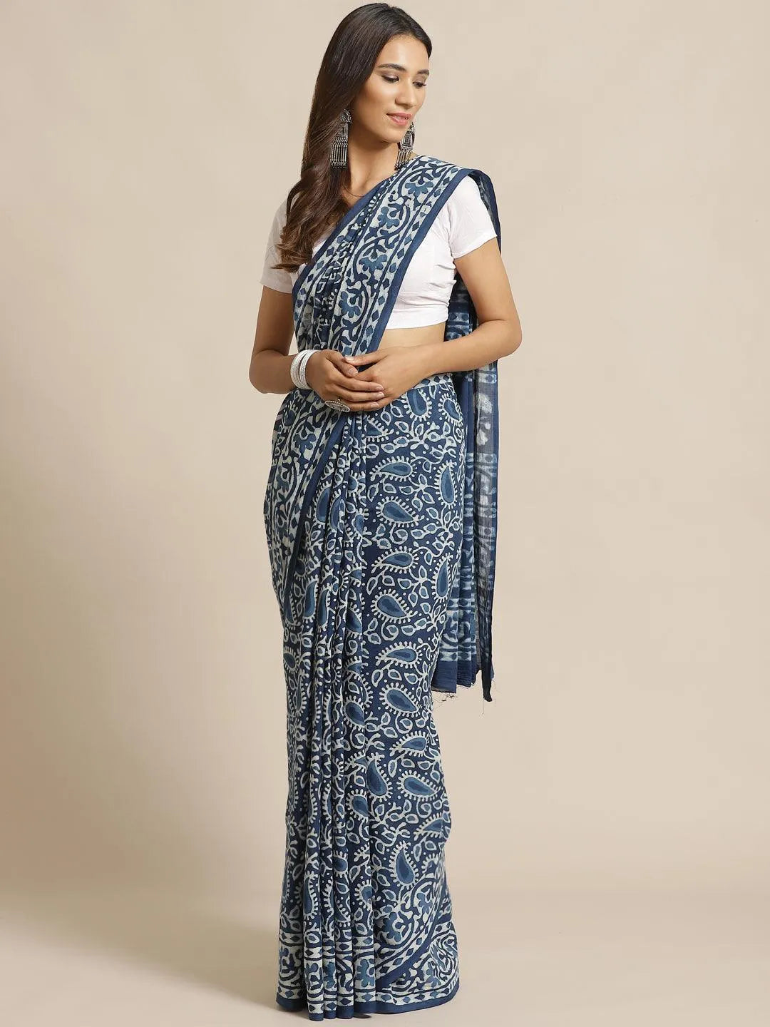 Blue Printed Cotton Saree - Jashvi