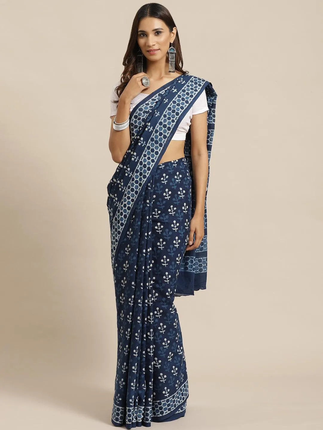 Blue Printed Cotton Saree - Jashvi