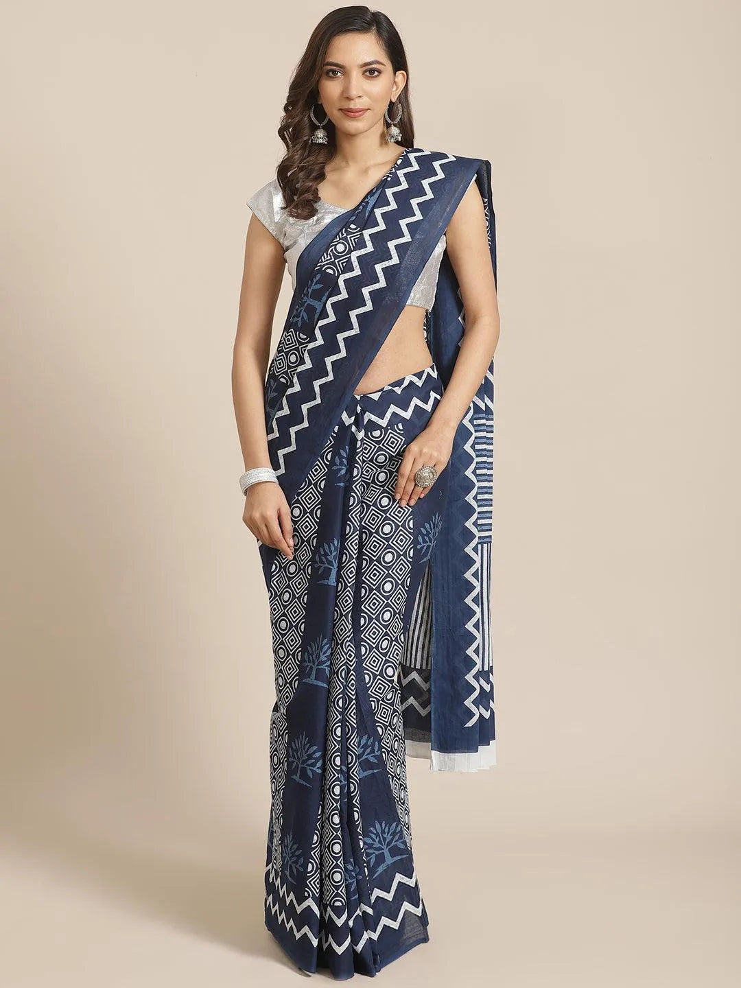 Blue Printed Cotton Saree - Jashvi