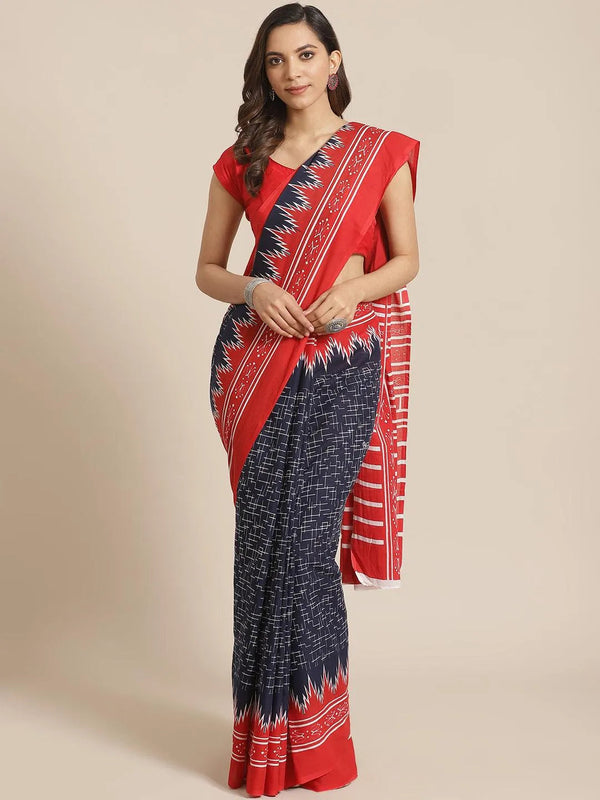 Blue Printed Cotton Saree - Jashvi