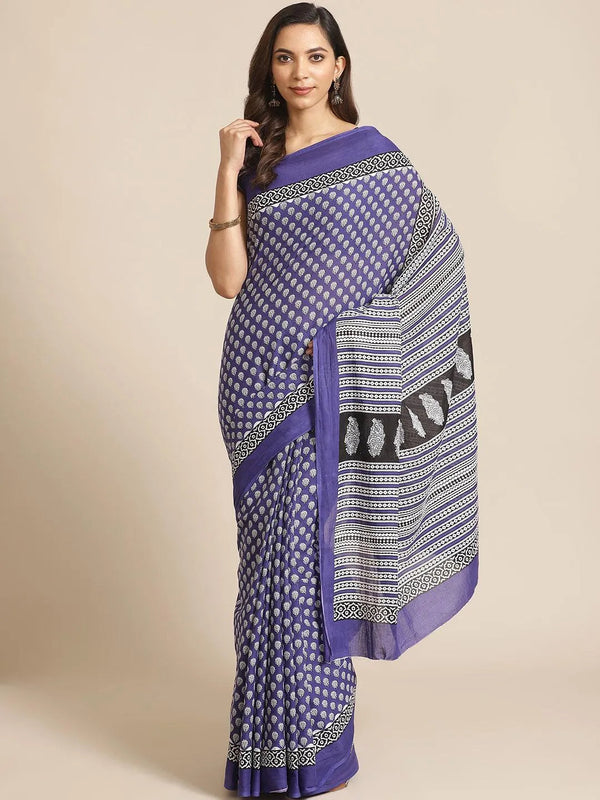 Blue Printed Cotton Saree - Jashvi