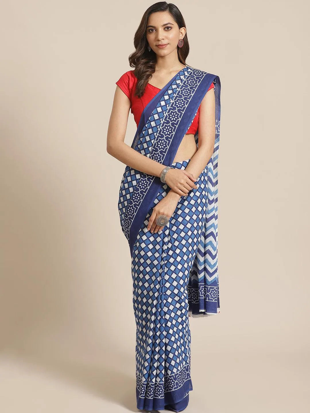 Blue Printed Cotton Saree - Jashvi