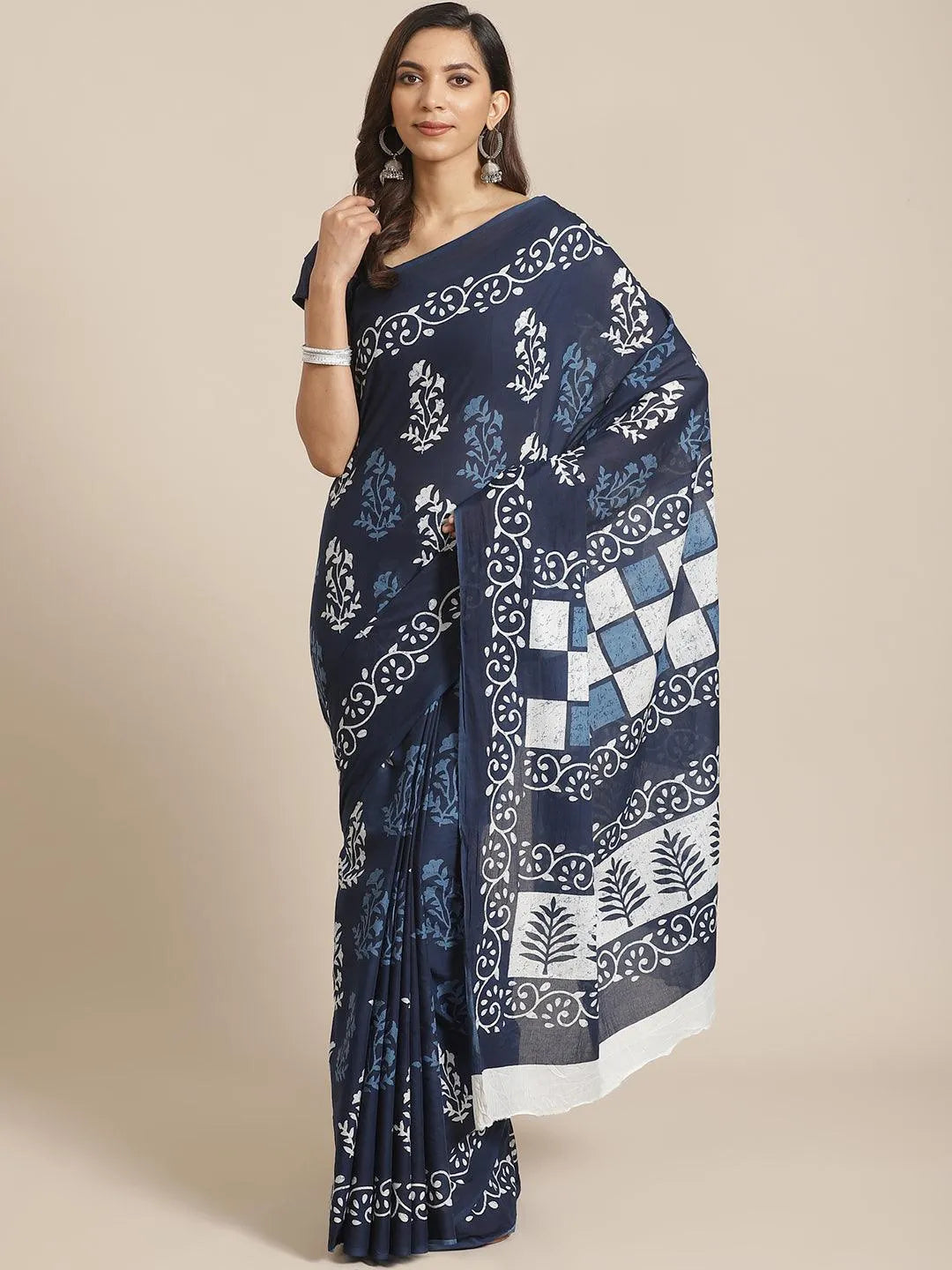 Blue Printed Cotton Saree - Jashvi