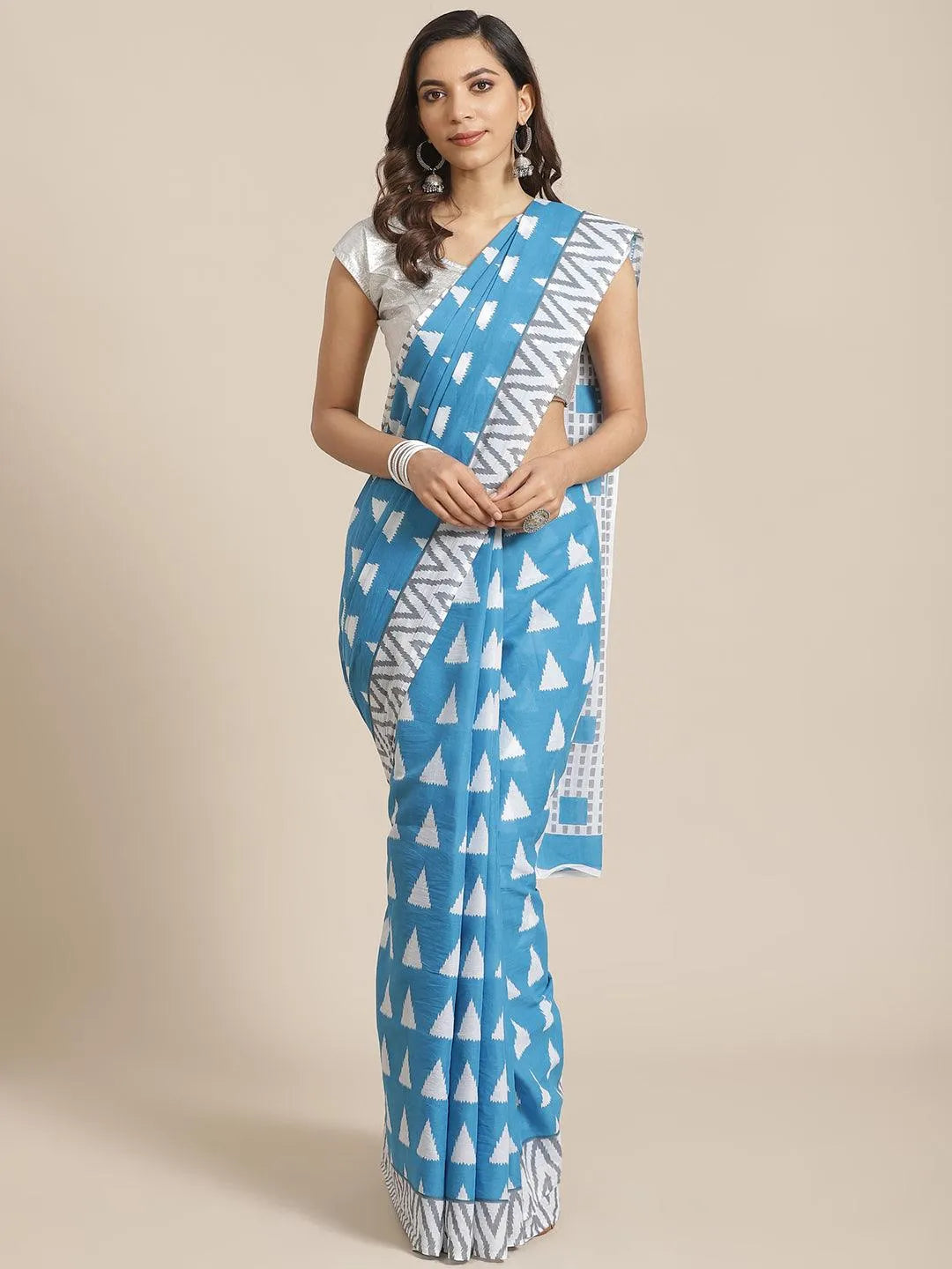 Blue Printed Cotton Saree - Jashvi