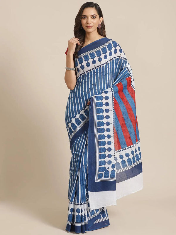 Blue Printed Cotton Saree - Jashvi