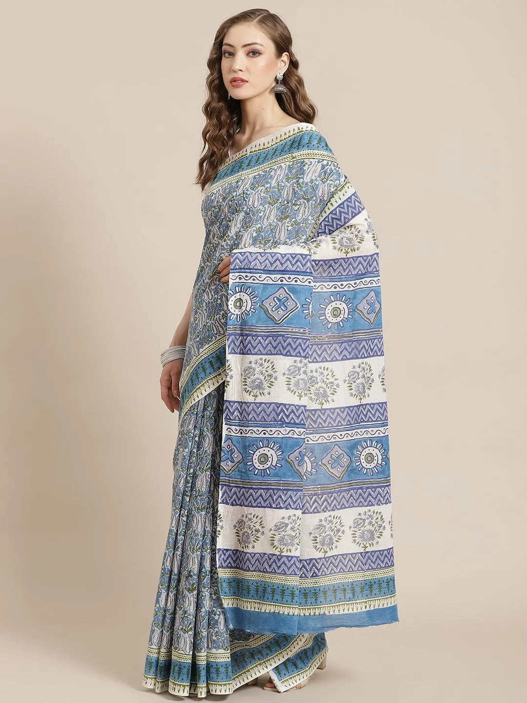 Blue Printed Cotton Saree - Jashvi