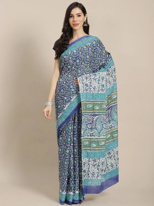 Blue Printed Cotton Saree - Jashvi