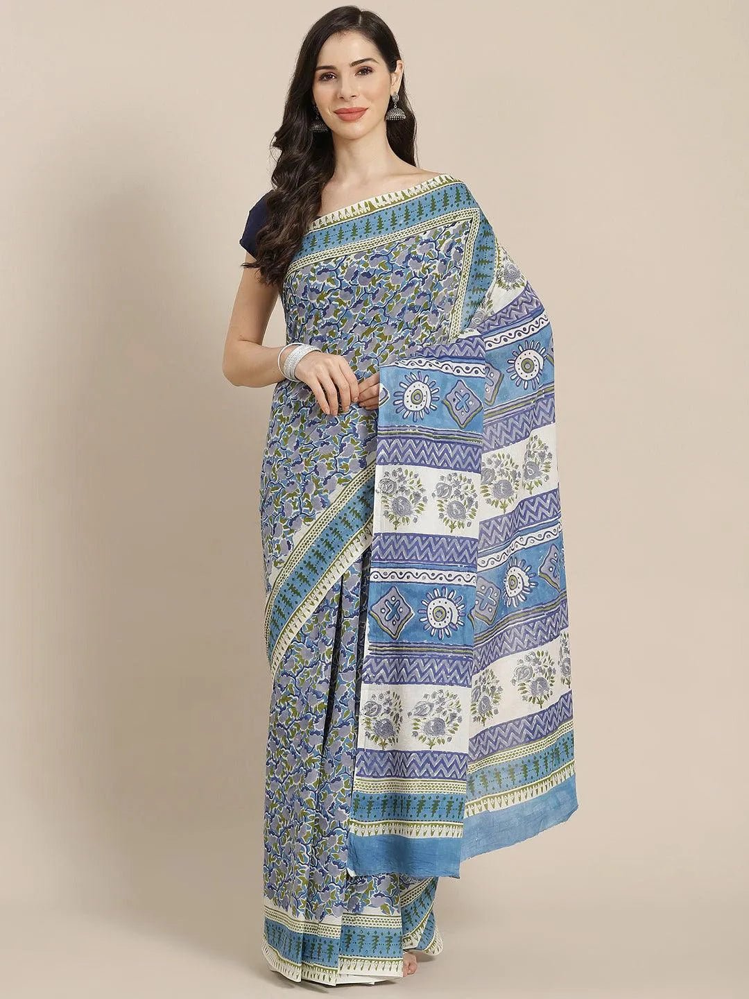 Blue Printed Cotton Saree - Jashvi