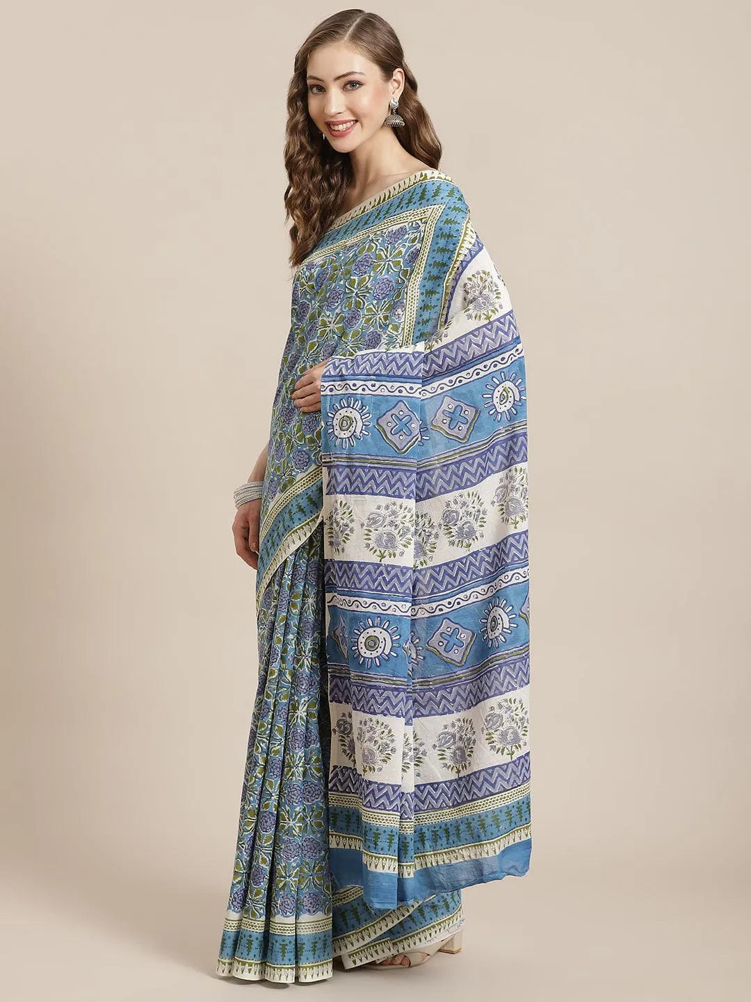 Blue Printed Cotton Saree - Jashvi