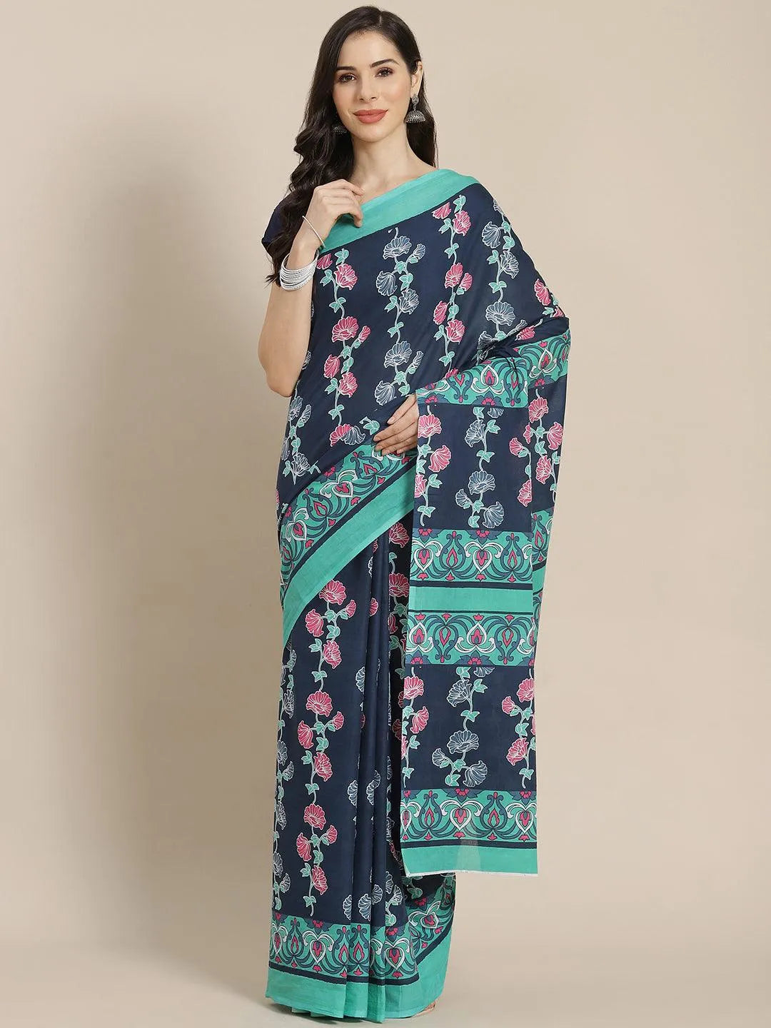 Blue Printed Cotton Saree - Jashvi