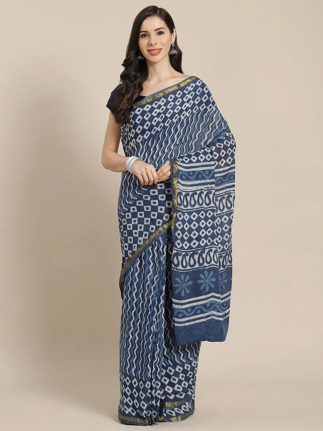 Blue Printed Cotton Saree - Jashvi