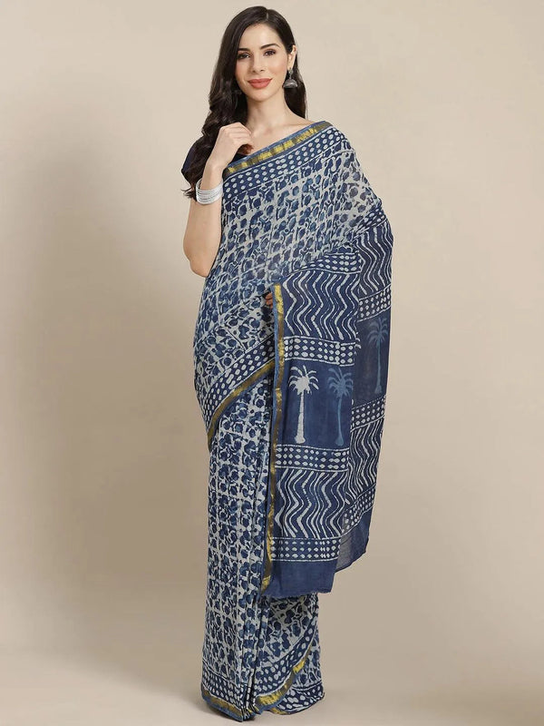 Blue Printed Cotton Saree - Jashvi