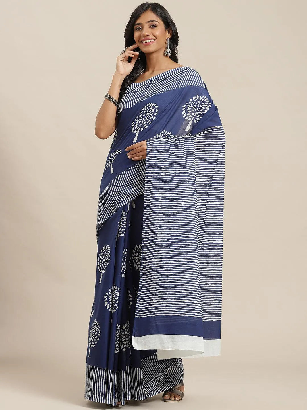 Blue Printed Cotton Saree - Jashvi