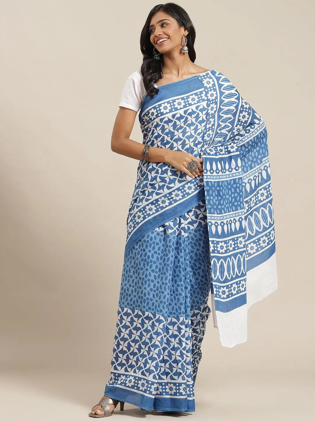 Blue Printed Cotton Saree - Jashvi