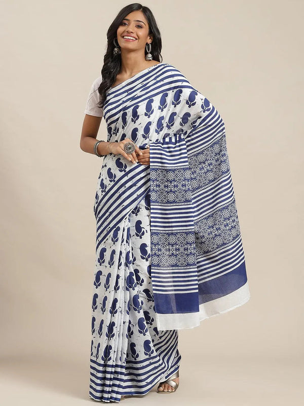 Blue Printed Cotton Saree - Jashvi