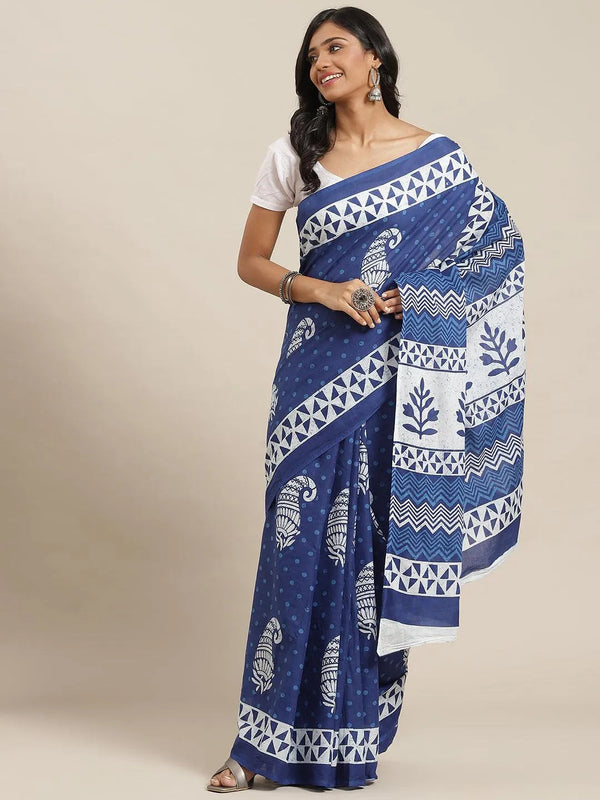 Blue Printed Cotton Saree - Jashvi