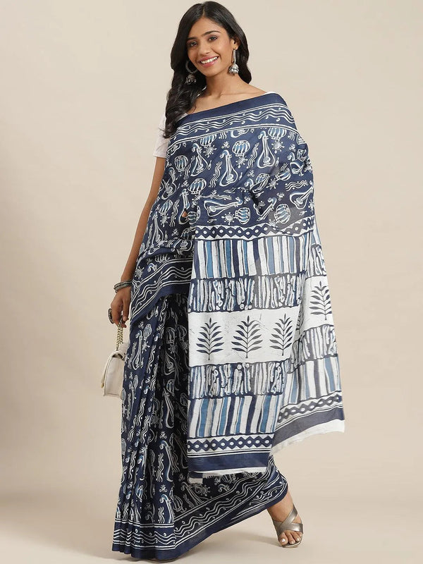 Blue Printed Cotton Saree - Jashvi