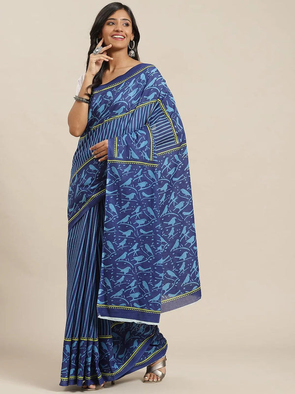 Blue Printed Cotton Saree - Jashvi