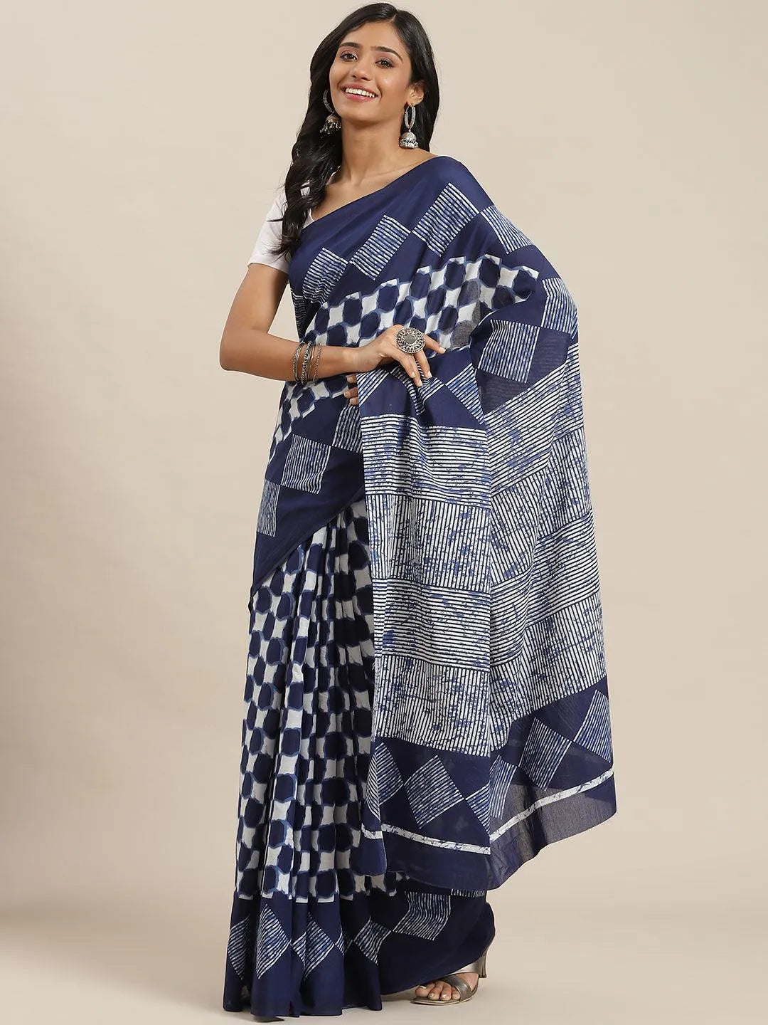 Blue Printed Cotton Saree - Jashvi