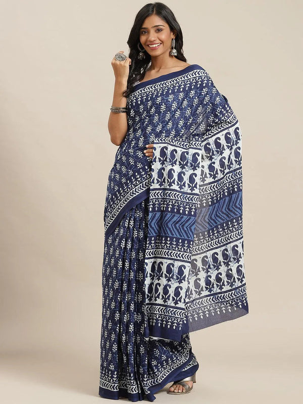 Blue Printed Cotton Saree - Jashvi