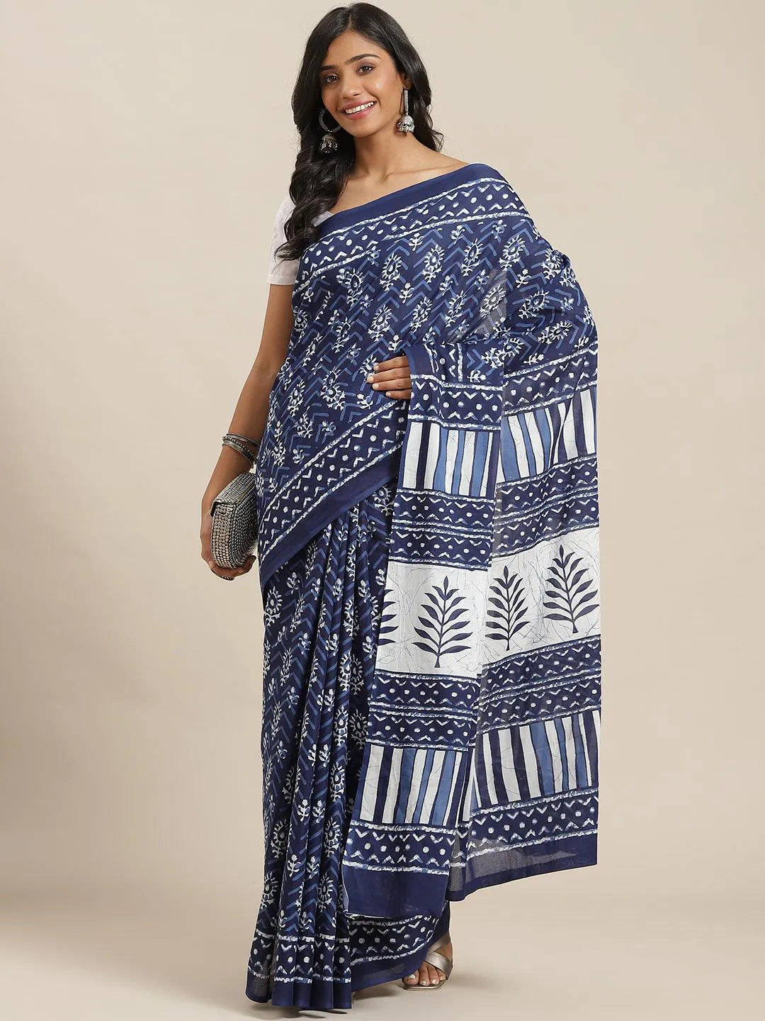 Blue Printed Cotton Saree - Jashvi