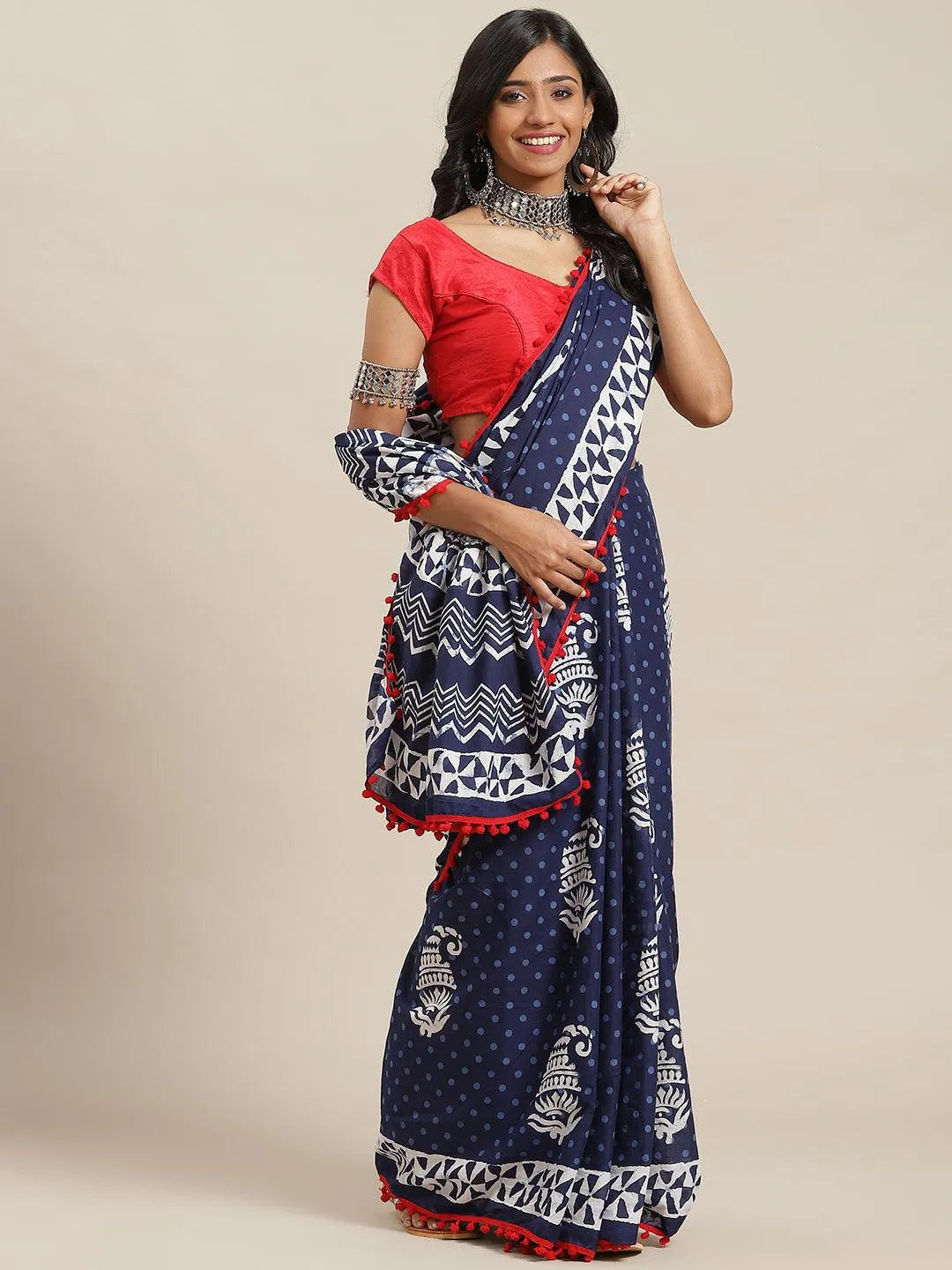 Blue Printed Cotton Saree - Jashvi