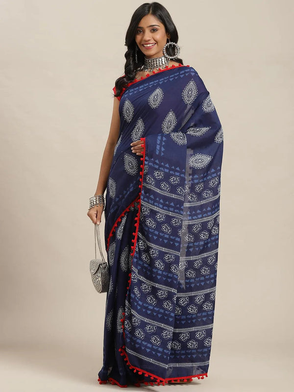 Blue Printed Cotton Saree - Jashvi